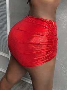 Slaydiva Valentine's Day Sexy Gold Ruched Skirt For Women, Asymmetrical Hemline With Side Ruching