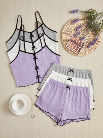 3 件套女士蝴蝶结装饰吊带背心和短裤套装，灰色/白色/紫色，休闲装