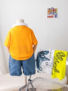 Set de 3 camisetas de manga corta con cuello redondo y gráfico de dinosaurio lindo para niño, conjunto informal para exterior, calle, fiesta, paseo por la ciudad