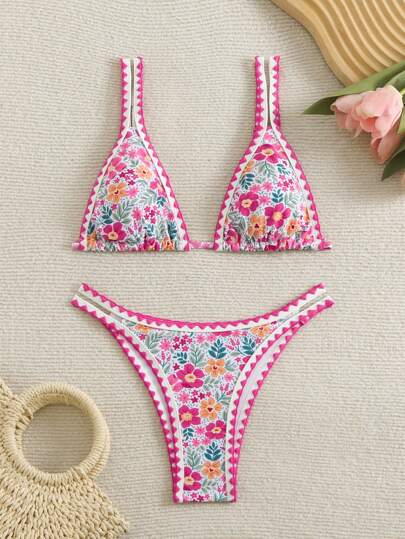 Swim Mod بيكيني بطبعة نباتات استوائية صيفي مثير للسيدات، طقم بيكيني مكون من قطعتين