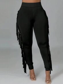 Plus Size Women High Waisted Solid Color Tassel Patchwork Slim Fit Pants