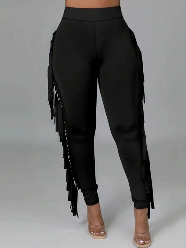 Calça feminina plus size, cintura alta, de cor sólida, com detalhes em franjas e recortes, com ajuste slim