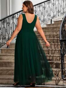 Cravure Plus Size Women's Simple Solid Color Sleeveless Mesh Decor Daily Wear Dress, For Christmas Maxi Women Outfit Wedding