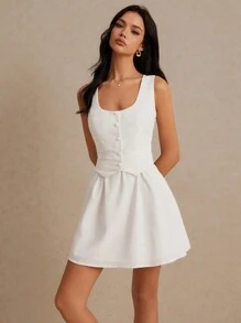 SHEIN Frenchy 夏季优雅纯色收腰无袖连衣裙、背心二合一连衣裙、亚麻迷你连衣裙、背心裙、白色毕业短裙、夏季婚纱、夏季休闲连衣裙、草坪婚礼、老钱、假日约会 - 白色 - 查看 6