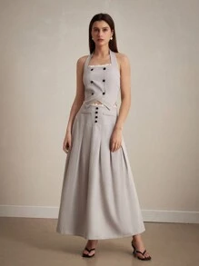 Femmeiva Conjunto de 2 piezas estilo académico para mujer: Chaleco con cordones para uso diario y espalda descubierta con doble botonadura y falda super larga plisada con empalme de encaje - Gris - Ver 3