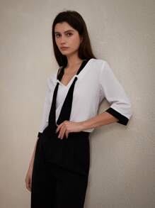GENKIRA Casual Color Block Belted Half-Sleeve Women's Shirt For Work, Teacher, And Formal Occasions - Multicolor - View 5