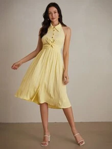 Femmeiva Clean Textured Fabric Twist-Knot Waist Backless Sleeveless Shirt Dress - Yellow - View 3