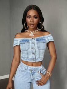 Slaydiva 女士純色簡約日常露肩牛仔上衣 - 淺色水洗藍 - 查看 4