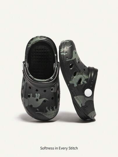 Cozy Pixies Cute And Fun Dinosaur Printed Cartoon Baby Clogs, Fashionable And Casual Outdoor Slippers For Kids