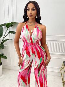Backless Printed Jumpsuit With Neck Halter (Random Floral Pattern) - Pink - View 4