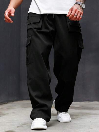 Manfinity Homme Pantalones cargo de unicolor con cordón y bolsillo para hombre de talla grande, estilo casual, pantalones cargo negros para hombre, pantalones cargo holgados para otoño