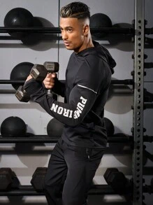 Manfinity Fitness Boyfriend Style Men's Letter Printed Casual Long Sleeve Hooded Sports Sweatshirt Boyfriend Style Men Sweatshirt - Black - View 1