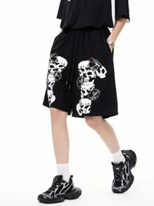 SHEIN Coolane Cool And Edgy Ladies' Skull Printed 5-Pocket Shorts - Black - View 5
