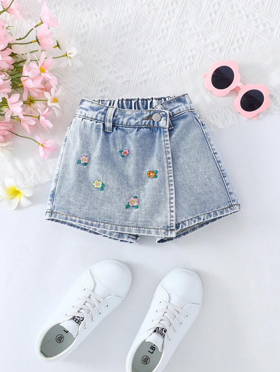 SHEIN 少女花卉刺繡休閒夏季牛仔短褲 - 淺色水洗藍 - 查看 1