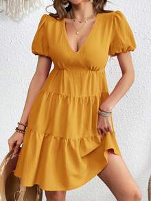 SHEIN VCAY Wedding Women Dresses Vacation Spring/Summer Solid Color Woven V-Neck Puff Sleeve Dress - Yellow - View 5
