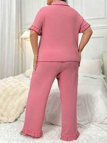 Plus Size Heart Embroidery Lapel Collar Short Sleeve Top With Ruffle Trim And Long Pants Pajama Set - Pink - View 2