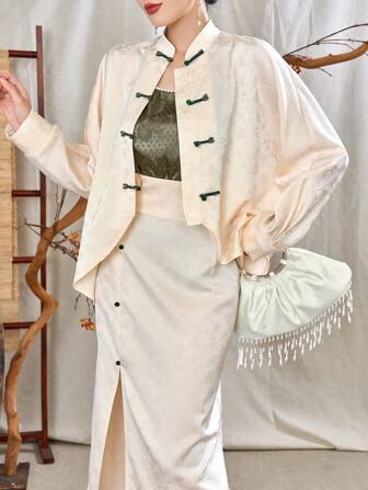 Modelyn Elegante Jacquard Gesp Lange Mouw Shirt En Split Rok Set, Lente/Zomer, Hanfu Sets
