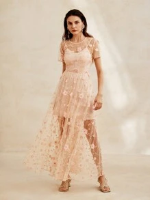 Anewsta 休閒粉色3D花朵泡泡珠串女式假日裙 - 藕粉色 - 查看 7