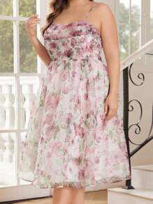 SHEIN Belle Elegant & Romantic Plus Size Floral Printed Organza Camisole Party Dress - Pink - View 7