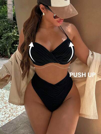 SHEIN Swim 女士純色露背領帶性感比基尼套裝，兩件式，內置鋼圈托胸，適用於度假