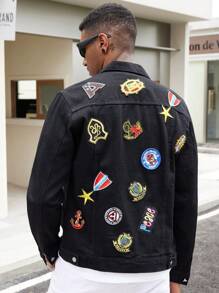 Manfinity Homme Men's Floral Embroidery Single-Breasted Casual Long Sleeve Denim Jacket - Black - View 2