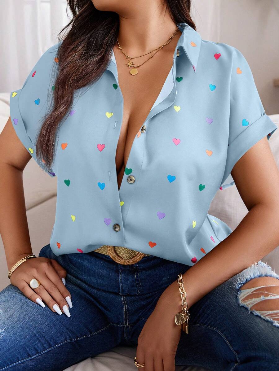 SHEIN LUNE Của phụ nữ Đầy màu sắc In Trái tim tay cánh Áo sơ mi - Màu xanh nhạt - Xem 1