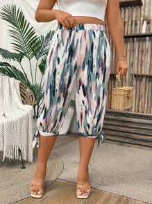 SHEIN Clasi Plus Size Vacation Leisure Pleated Tie Dye & Print Wide Leg Capris - Multicolor - View 6