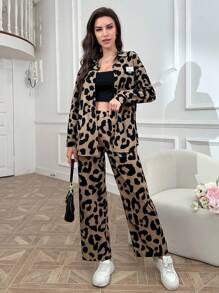 Seusyu Conjunto de 2 piezas estampado de leopardo, sencillo y diario, para mujer - Marrón - Ver 6