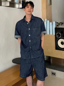 DAZY Áo Sơ Mi Và Quần Short Denim Màu Trơn Mùa Hè Cho Nam Trở Lại Trường Học - Màu xanh lam - Xem 3
