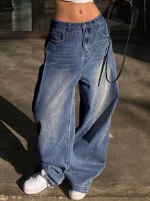 Livesso Quần jeans ống rộng rách cá tính dành cho nữ, phong cách đường phố thường ngày, thu/đông - Màu xanh lam - Xem 5