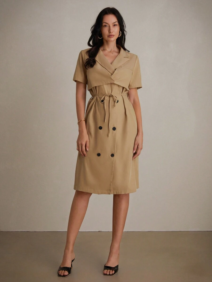 GENKIRA Elegant Short Sleeve Coat-Style Dress With Clean Color And Suit Collar - Khaki - View 1
