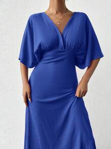 EURMUSE Women's Solid Color Minimalist Short Sleeve Dress For Daily Wear - Royal Blue - View 3