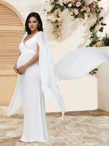 Maternity Chiffon Flowy Sleeve Dress With Trailing Hem, Suitable For Baby Shower And Maternity Photoshoot - White - View 5