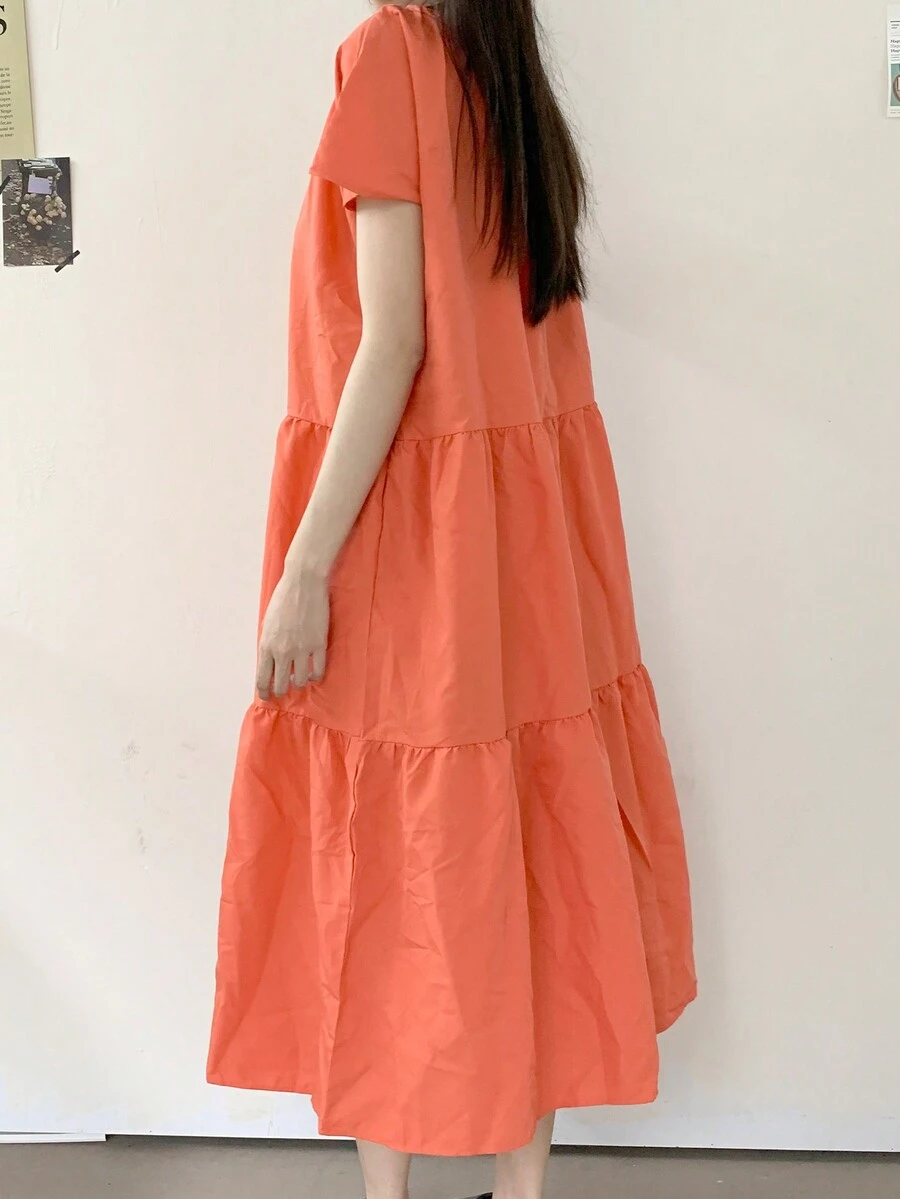 Notched Neck Ruffle Hem Smock Dress - Orange - View 1