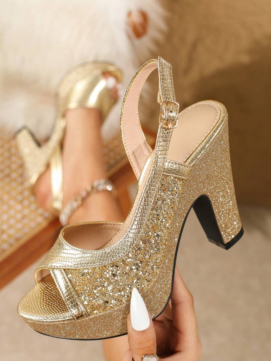 2024新款女士春夏派对休闲防滑舒适金色高跟厚底凉鞋，女士厚底高跟鞋 - 金色 - 查看 1