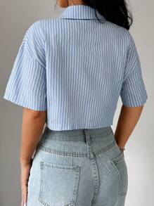 Flirla Casual Vacation Music Festival Striped Short Women Shirt - Blue and White - View 2