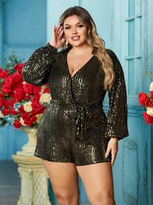 Double Crazy Plus Overlap Collar Lantern Sleeve Belted Sequin Romper - Black - View 4