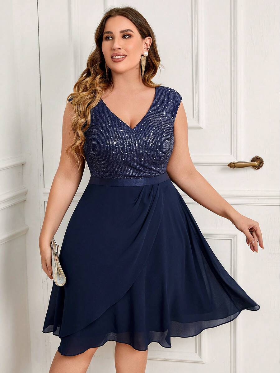 MIUSOL Váy dự tiệc cocktail viền voan sequin tương phản, váy dự tiệc bán trang trọng, dự tiệc sinh nhật, tốt nghiệp, dạ hội - Màu xanh hải quân - Xem 1