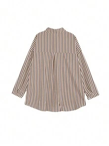 Striped Print Pocket Front Button Casual Long Sleeve Shirt Spring - Khaki - View 3