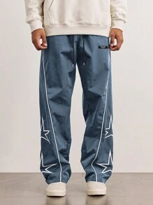 Manfinity Hypemode Loose-Fit Men's Star Printed Pants With Side Stripes - Dusty Blue - View 3