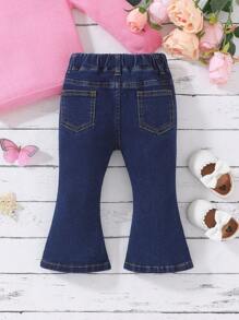 寶寶女孩磨邊可愛刺繡裝飾荷葉邊牛仔褲 - 深色水洗藍 - 查看 2