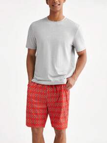 Men's Solid Color Short Sleeve Top And Checkered Shorts Homewear Set - Multicolor - View 7