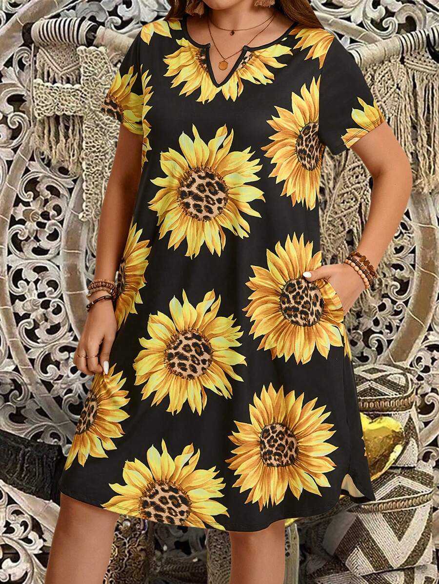 EMERY ROSE Plus Size Summer Countryside Sunflower Printed Short Sleeve V-Neck Dress For Summer - Black - View 1