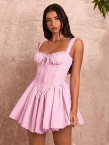 SHEIN BAE Women's  Ruched Camisole Backless Lace Splice A-Line Mini Dress - Baby Pink - View 7