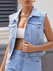 SHEIN Essnce 女士夏季休閒無袖磨邊牛仔夾克背心 - 淺色水洗藍 - 查看 1