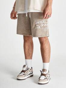 Manfinity VCAY Men's Loose Fit Straight Leg Knitted Shorts With English Print, Suitable For Summer