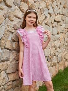 Vestido Simples A-Line Solto de Duas Camadas com Patchwork Listrado e Mangas Babados para Meninas Pré-adolescentes