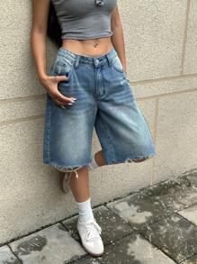 SHEIN EZwear Pantalones cortos vaqueros casuales simples y lisos para damas - Azul - Ver 1