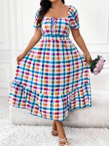 SHEIN Clasi Váy cổ vuông kẻ caro in họa tiết cỡ lớn có dây buộc eo, hoàn hảo cho trang phục Maxi dành cho phụ nữ đi nghỉ hè - Nhiều màu - Xem 5