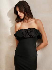 Anewsta Atasan Bandeau Warna Polos dengan Potongan Bodycon dan Detail Kerut di Bagian Dada - Hitam - View 4
